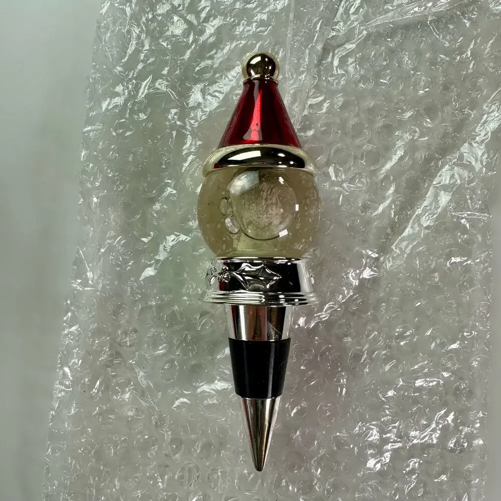 Neiman Marcus Santa Claus Snow Globe Heavy Glass Wine Bottle Stopper Christmas